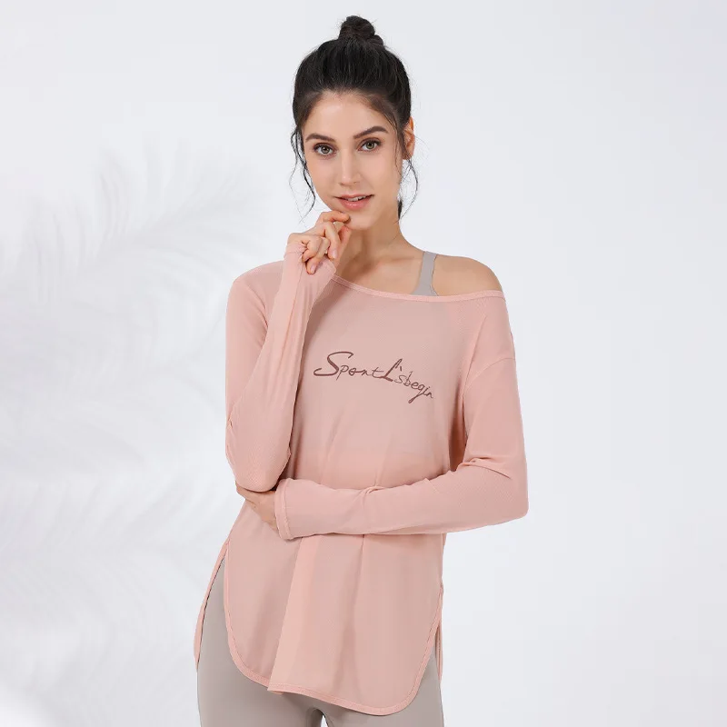 Women Yoga Shirts Long Sleeves Sport T-shirts Thin Mesh Breathable Running Sweatshirts Letters Curved Hem Gym Fitness Tops Smock