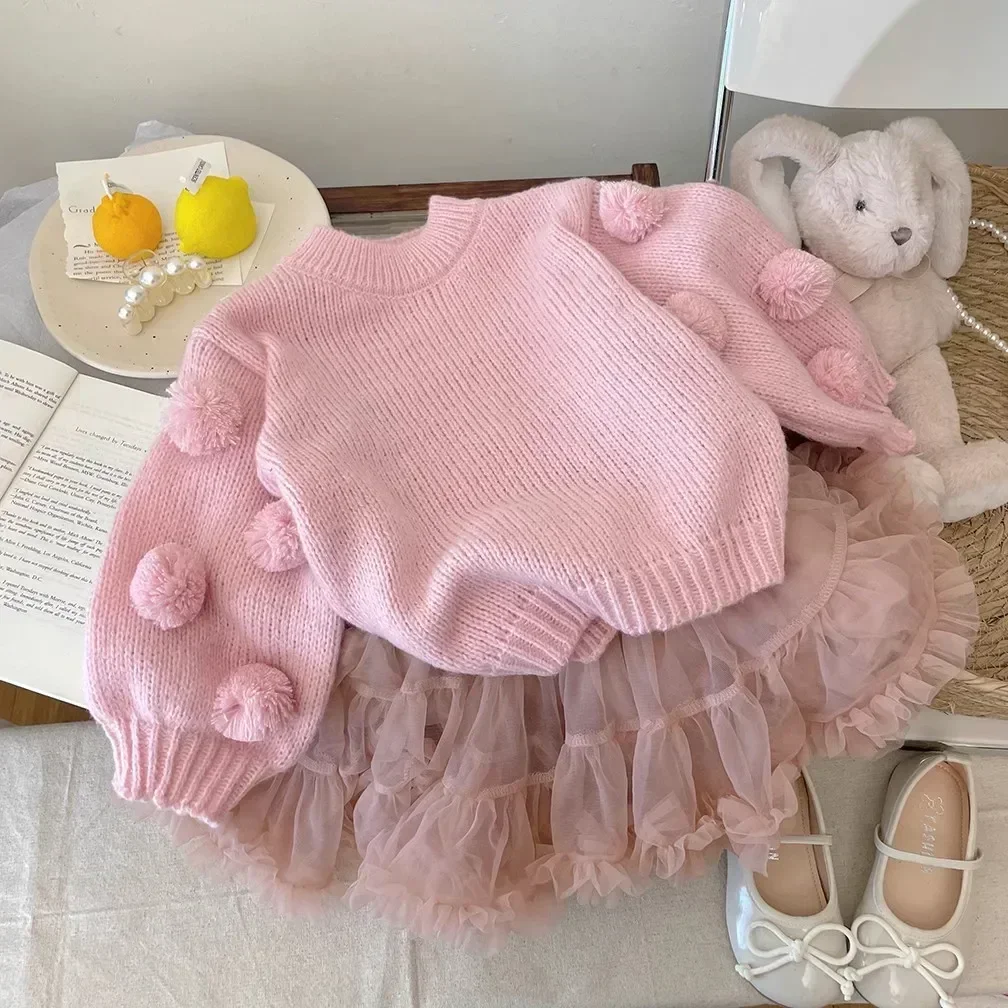 WOOFOO Children Clothes Autumn and Winter Girls Wool Pants Fashionable Knitted Bell Bottoms Or Ball Knitted Sweater Tops