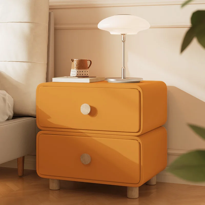 Minimalist Cream Bedside Cabinet Rounded Edge 2 Drawer Storage Short Solid Wood Feet Bedroom Side End Table Advanced Furniture