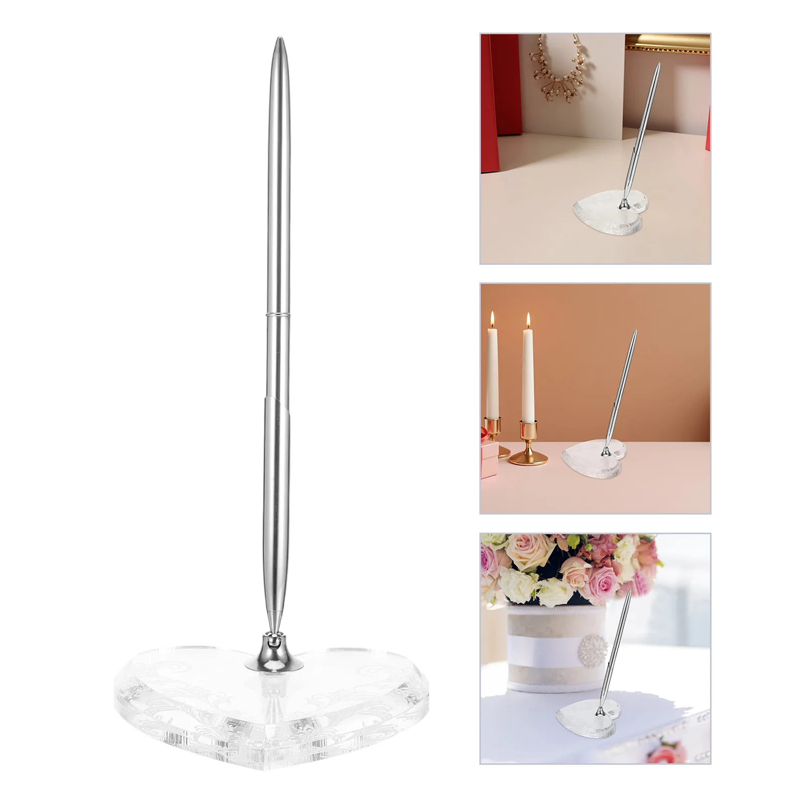 Smooth Writing Silver Ballpoint Pen with Heart Acrylic Stand for Wedding Sign in Guest Book Ceremony Reception Bridal