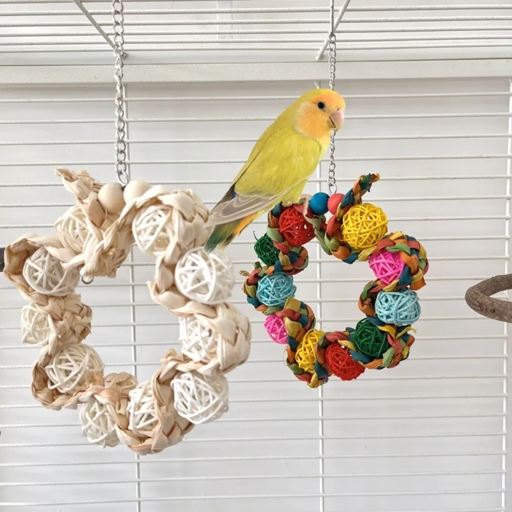 New Hanging Rattan Ball Toy Grab and Bite Round-shaped Parrot Chew Toy Grinding Teeth Colorful Bird Cage Wreath Pet Supplies