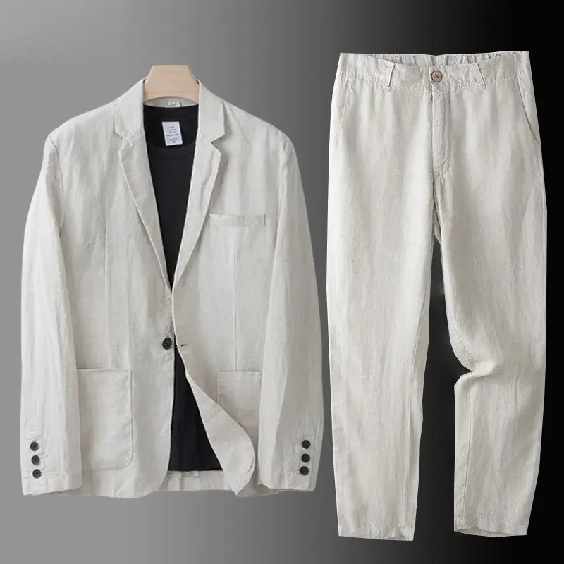 Summer Cotton Linen Blazers Pants Suit Men\'s Summer Loose Casual High Street Sunscreen Jackets Long Trousers Set Male Clothes