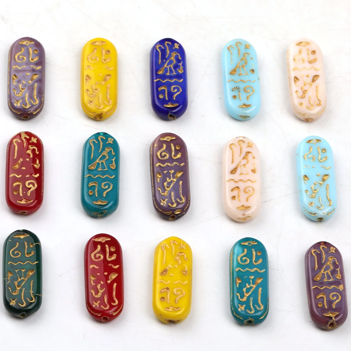 4/9pcs Random Color Glass Oval Hieroglyph Pattern Beads 10*25mm Loose Beads For DIY Necklace Earring Jewelry Making Supplies