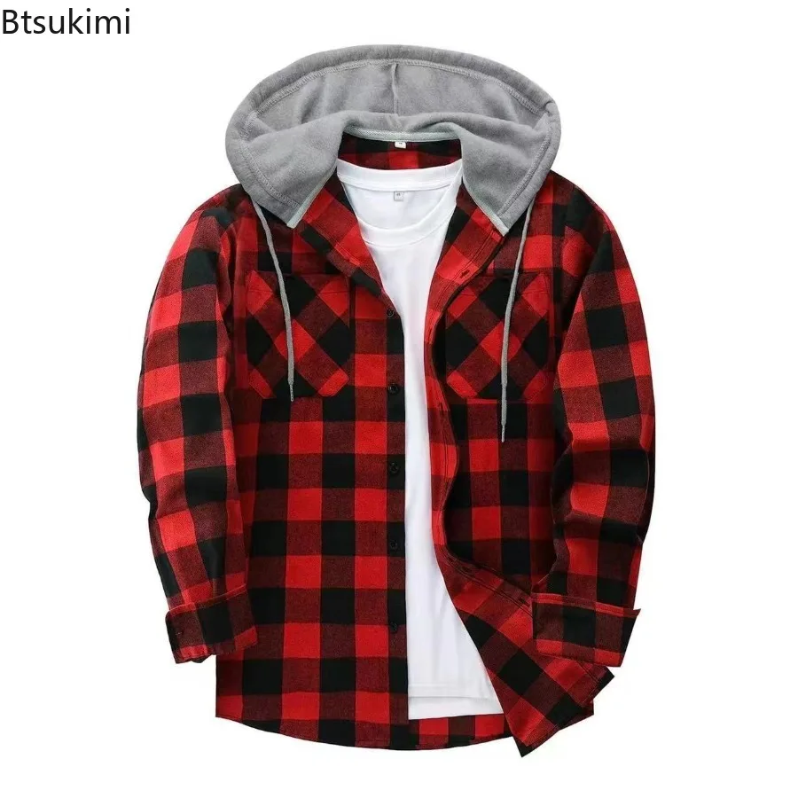 2025 Men's Flannel Shirt Jackets Classic Plaid Loose Casual Hooded Coats Double Pockets Button-up Blouses Spring Autumn Men Tops