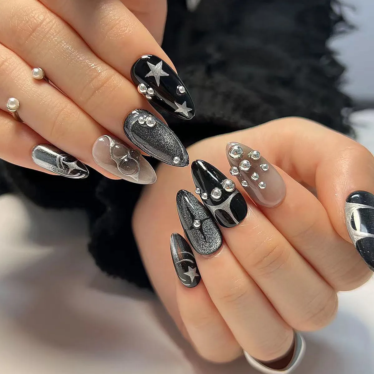 Long False Nails, Making European And American Style Stars And Black Pearls+1 Piece Of Gel Adhesive+1 Piece Of Nail Needle