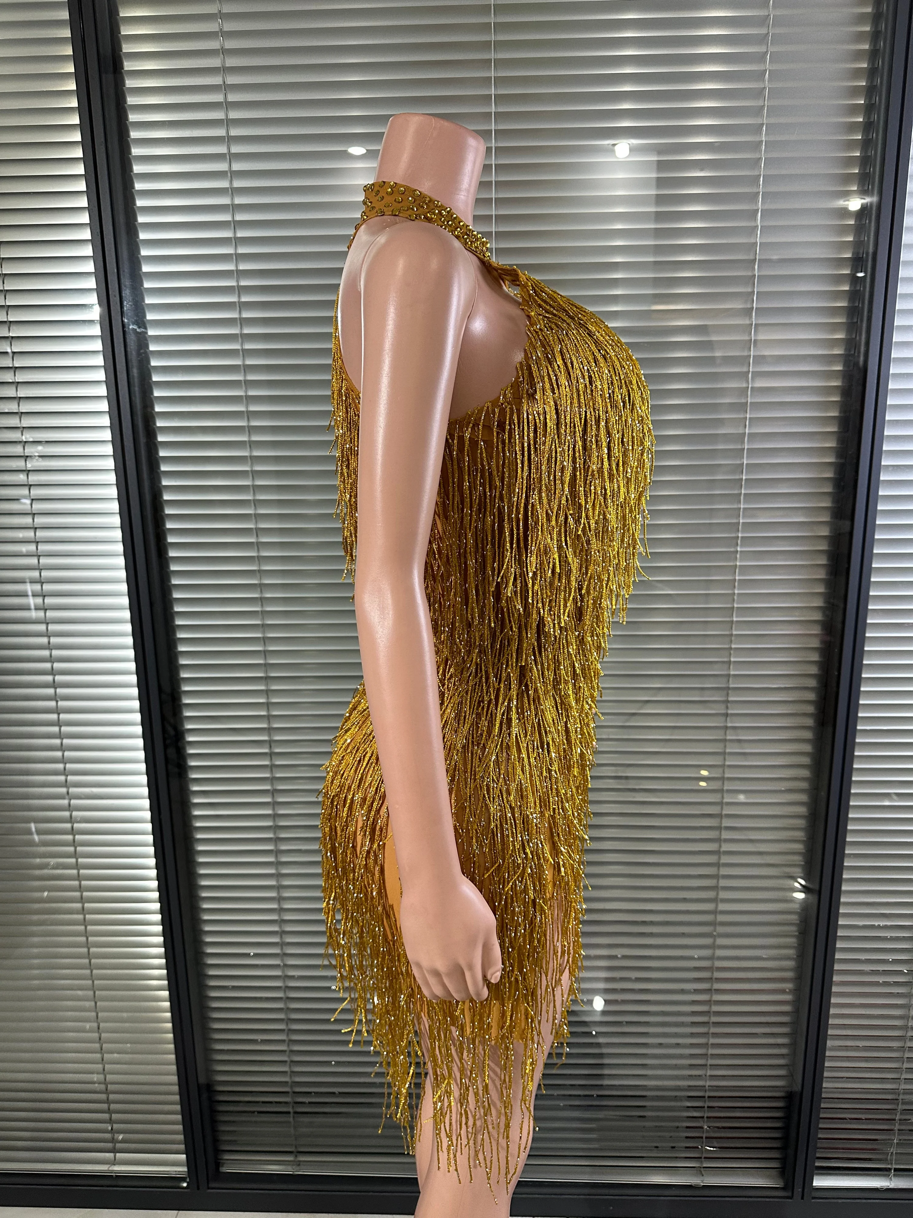 Glamorous Gold Fringe Nightclub Party Mini Dress Women Sexy Rhinestone Neck Cutout Bodycon Outfit Stage Performance Costume view 4