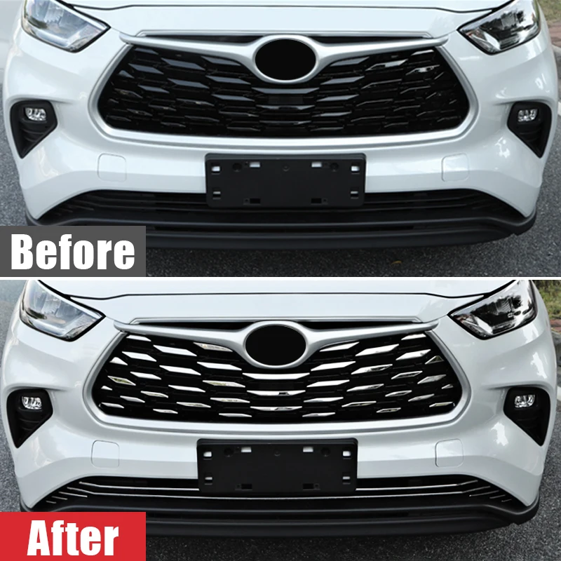 Car Front Middle Grill Mesh Sequins Decoration Cover Trims Accessorie For Toyota Highlander XU70 2020 2021 2022 2023 2024 Hybrid