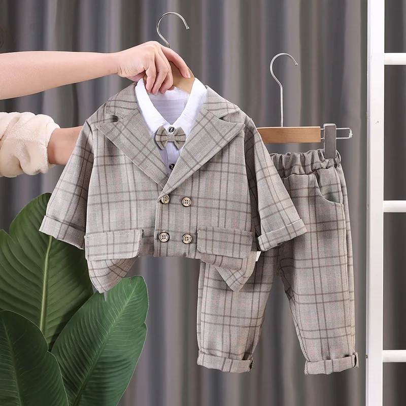 

Toddler Tracksuits 2024 Spring Korean Baby Boy Clothes 2 To 3 Years Gentleman Plaid Suits + Shirts + Pants Kids Boys Outfit Set