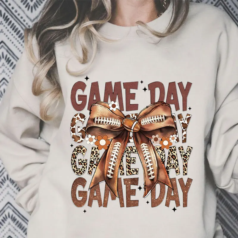 Game Day Football with Brown Football Bowand Cow and Leopard Print Sweatshirts Long Sleeves Ladies Casual Plus Size Sweatshirt