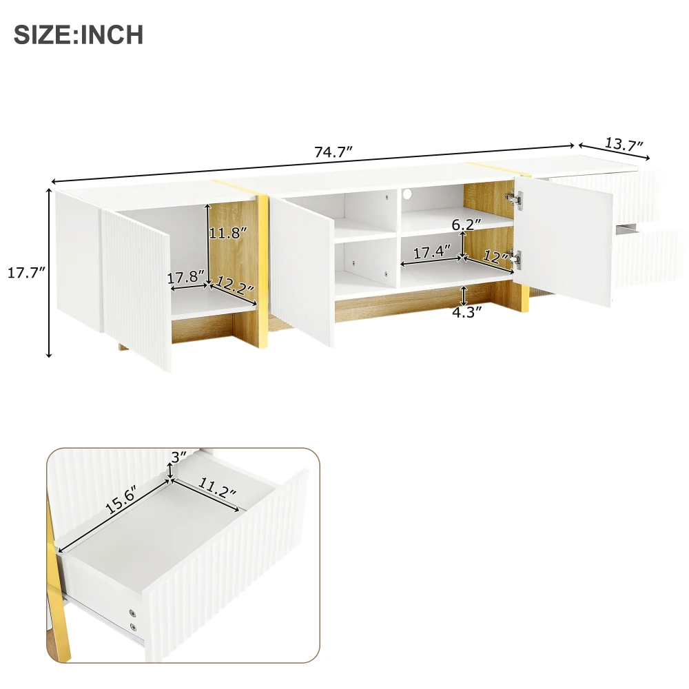 Support TV cannelé pour téléviseurs, centre de divertissement moderne avec armoires de rangement et égouts de proximité, console multimédia lisse, blanc, jusqu'à 80 en effet