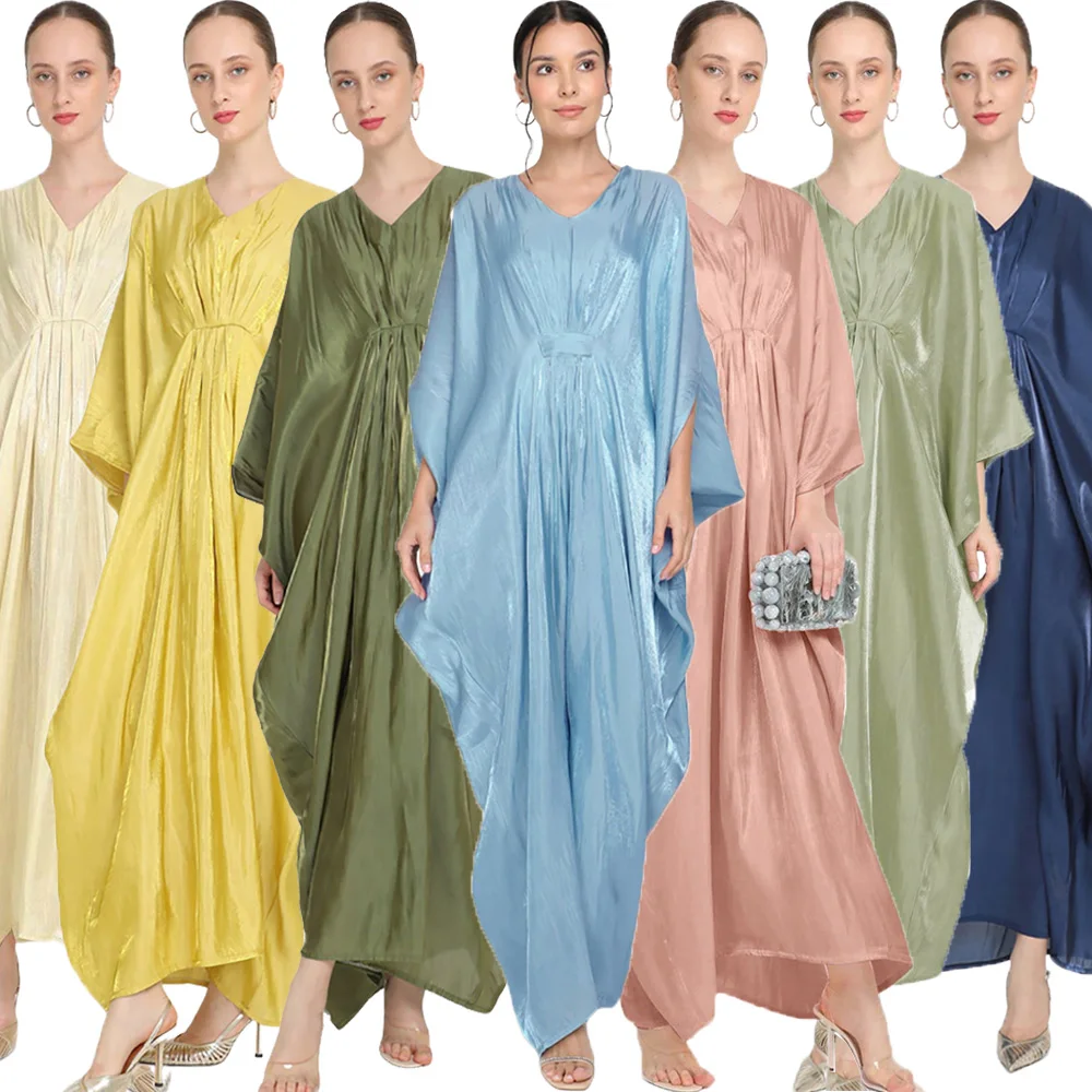 

Dubai Abaya Satin Solid Color Islam Prayer Clothes Bat Wing Sleeves Women's Long Dress Turkish Kaftan Muslim Robe Eid al-Adha