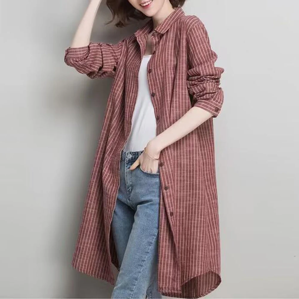 

Women Casual Blouse Shirt with Loose Fit Plaid Pattern Long Sleeve Single Breasted Design for Autumn and Winter Daily Wear