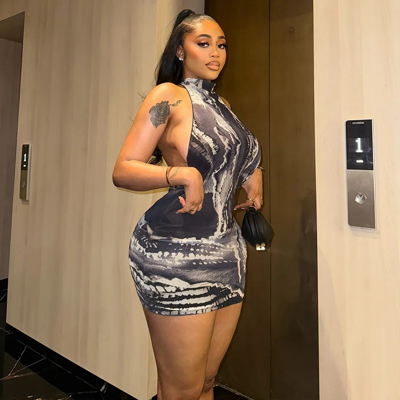 

Sexy Bodycon Mini Dress for Women Sleeveless High Neck Abstract Print Party Dress Form-Fitting Clubwear for Night Out