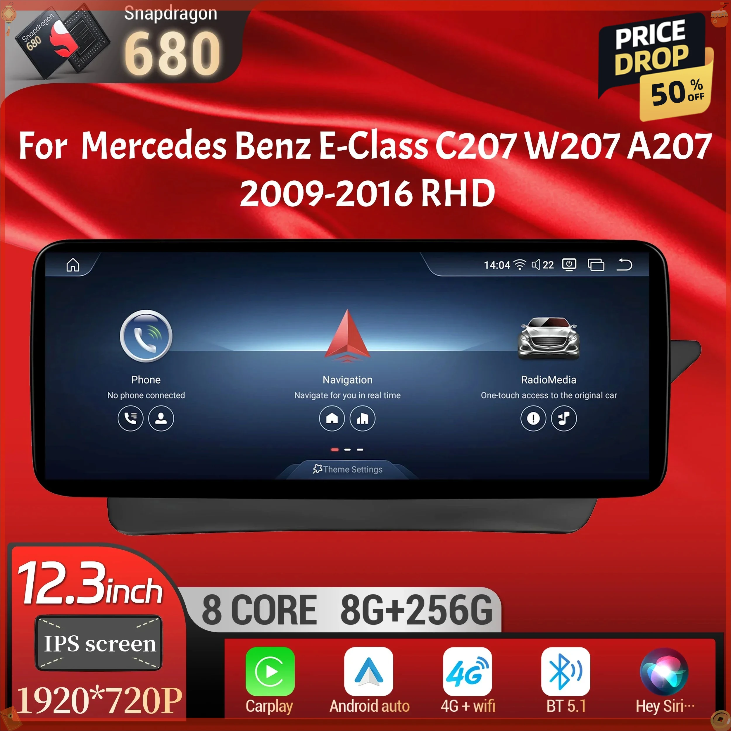 

12.3" For Mercedes Benz E-Class C207 W207 A207 2009-2016 Right Hand Drive Car Radio Android 14 BT Carplay Snapdragon 680 Screen