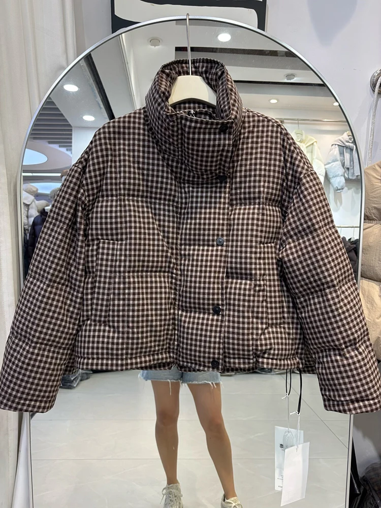 

Зимний воротник-стойка, короткий сетчатый теплый пуховик, женский белый утиный пух, молния, парка, верхняя одежда, женская пышная толстая куртка на шнурке