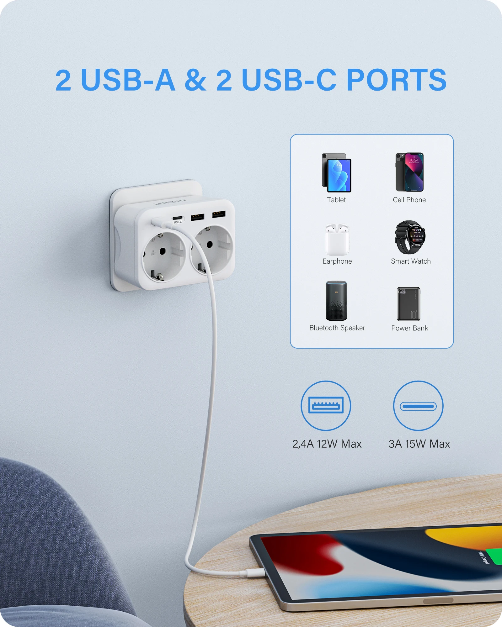 LENCENT EU Plug Power Strip Adapter Multi Wall Socket Extender with 2AC Outlets 2 USB Ports 2 Type C for Home/Office