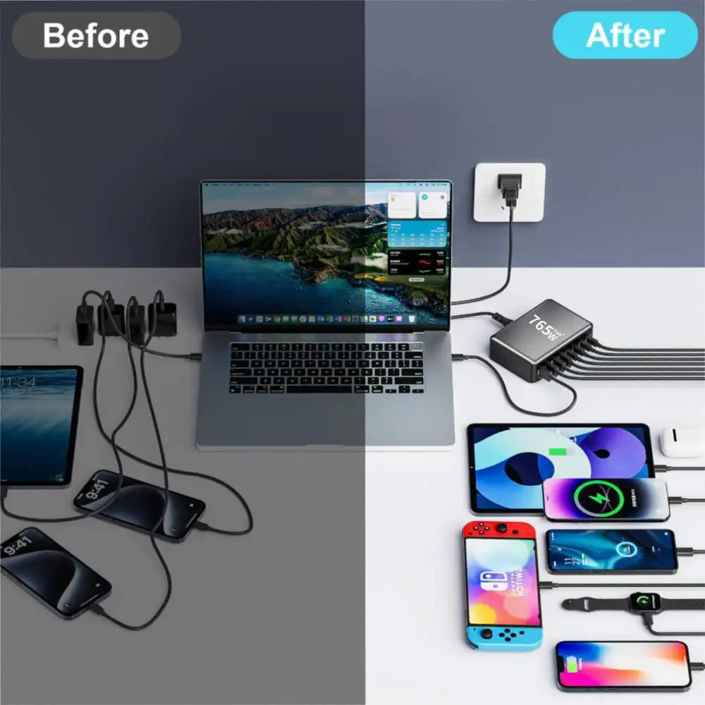 800 واط/765 واط/730 واط سريع USB C GaN شاحن كتلة مزدوجة 140 واط PD3.1 PPS محطة شحن سريعة لأجهزة متعددة شاحن جدار الكمبيوتر المحمول