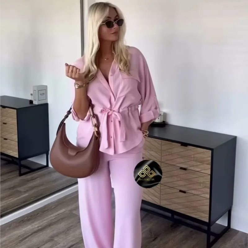 

2025 женская летняя рубашка в стиле ретро с длинными рукавами и шнурком, повседневный комплект брюк, комплект из двух предметов, повседневная одежда, уличная повседневная летняя одежда