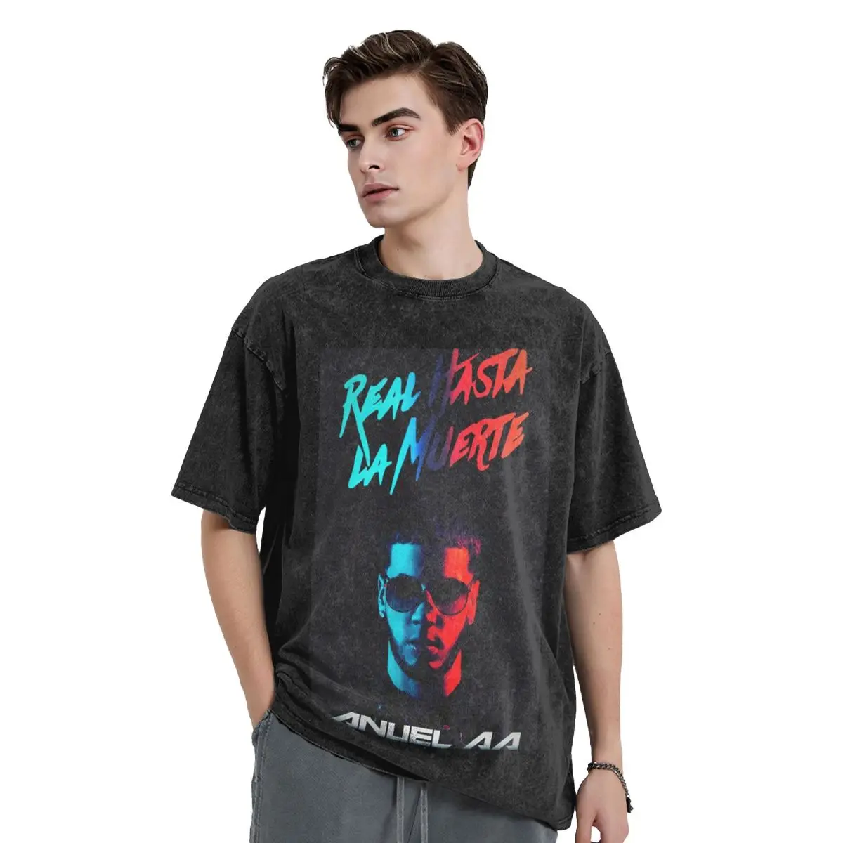 Fashion Hot Rapper Anuel AA Washed T Shirts Printed Short Sleeve Hip Hop T-Shirt Streetwear Tops Tees for Men Women