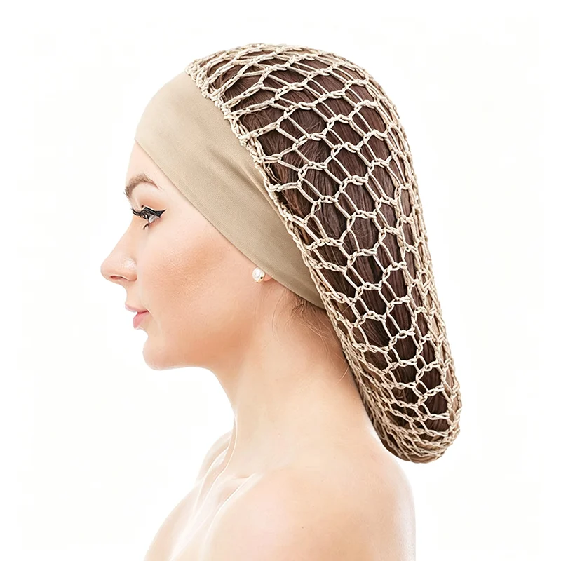 Elastic Wide Side Band Mesh Bag Hat Fashion Mesh Weaving Caps For Long Hair Women