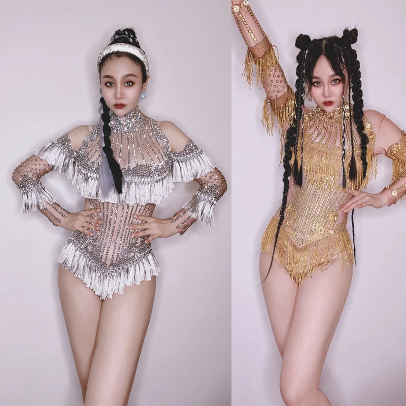 

Women Drag Queen Costume Gold Silver Rhinestones Bodysuit Diamond Fringed Onesies Rave Outfit Stage Performance Wear XS5335