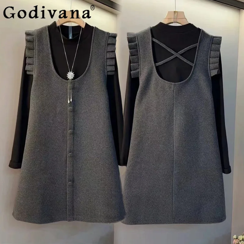 

Large Size Fashion Women Simple Sweet Ruffles Vest Dress Autumn Winter Versatile Long-sleeved Bottoming Shirt Two-piece Sets