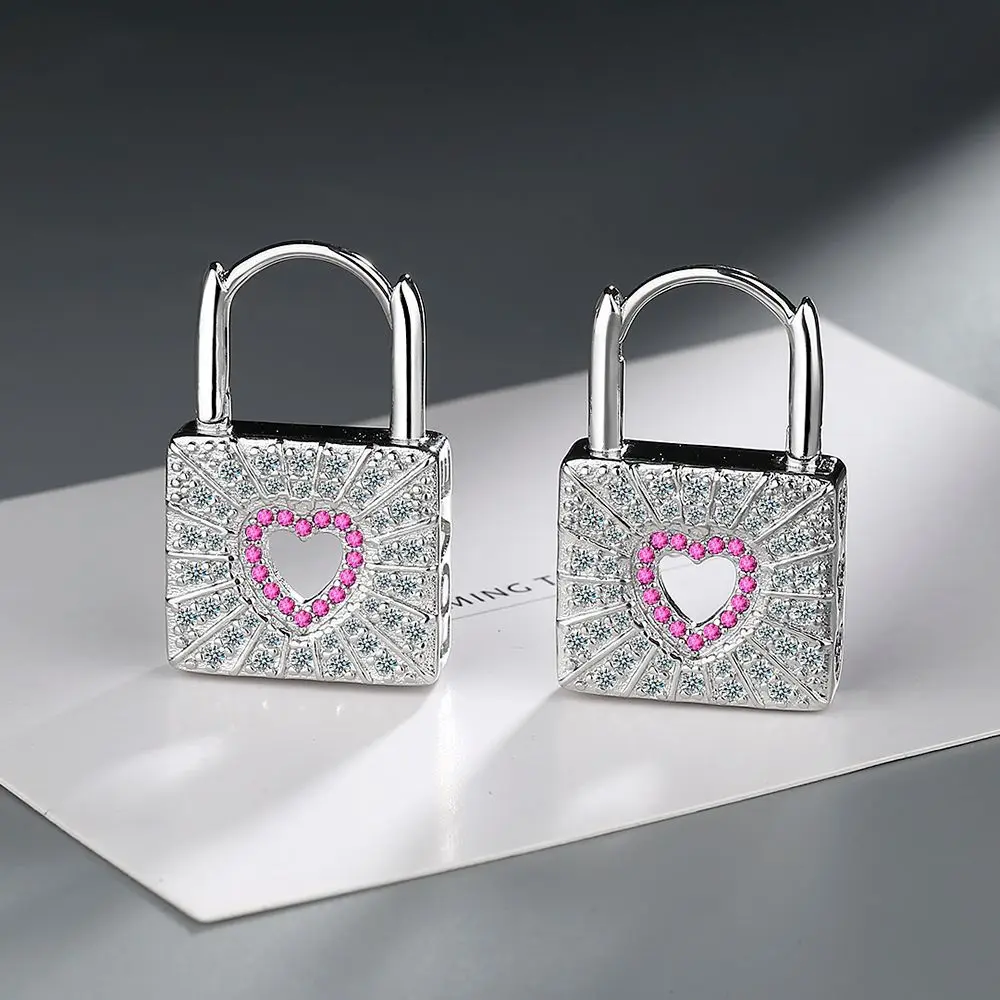 Moissanite Lock Huggie Hoop Earrings Minimalist Piercing Pink Love Heart Ear Buckles D Color VVS1 Original for Women Daily Gift