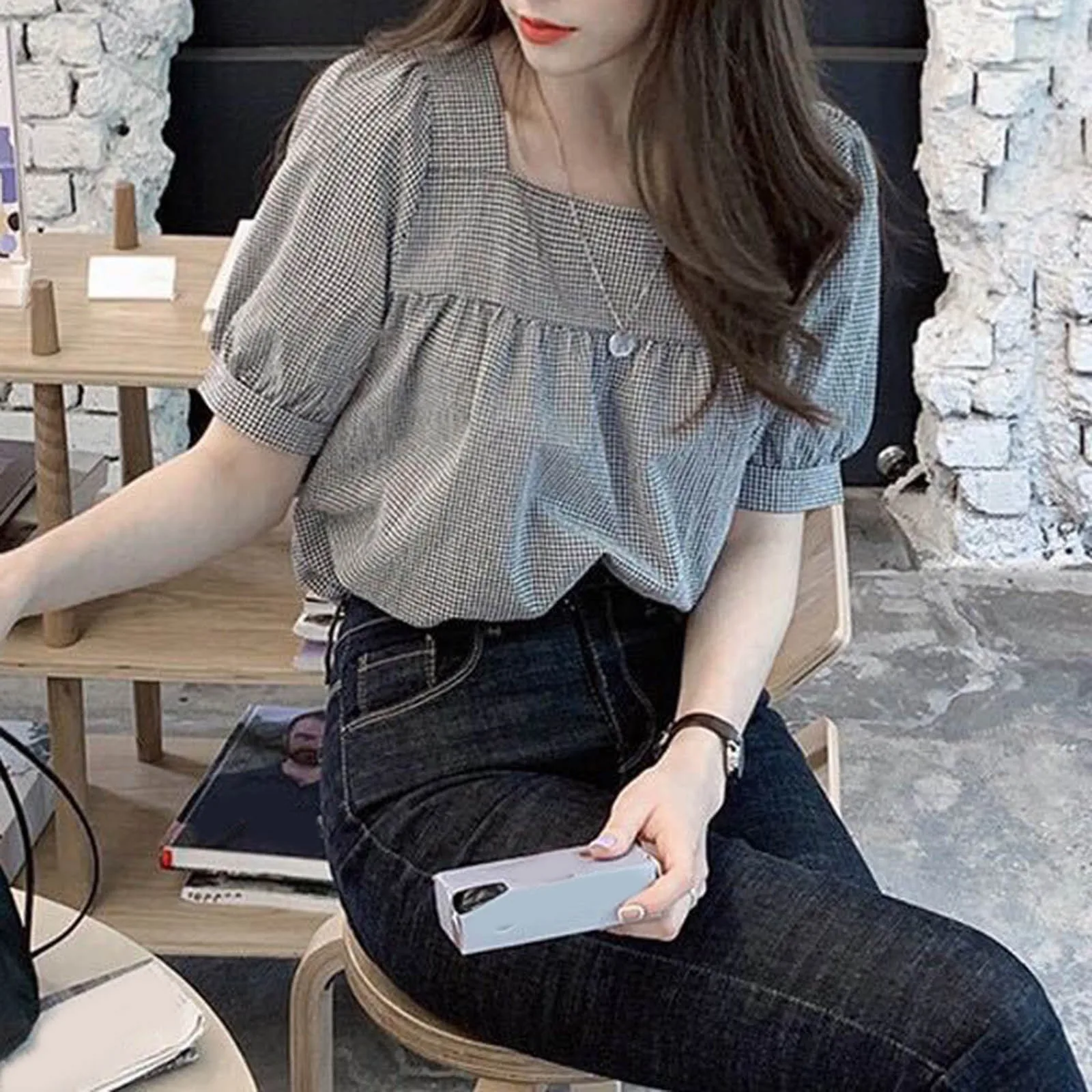 Women\'s Shirt 2024 Summer New Fashion Korean Plaid Square Collar Tops Shirt Shirt Loose Casual Versatile Short Sleeve Shirt Tops