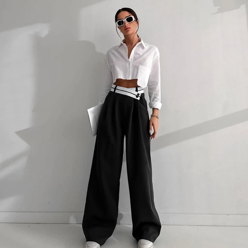 DGLUKE Women Fashion Elegant Wide Leg Pants Patchwork High Waist Long Pants Woman High Street Loose Black Trousers