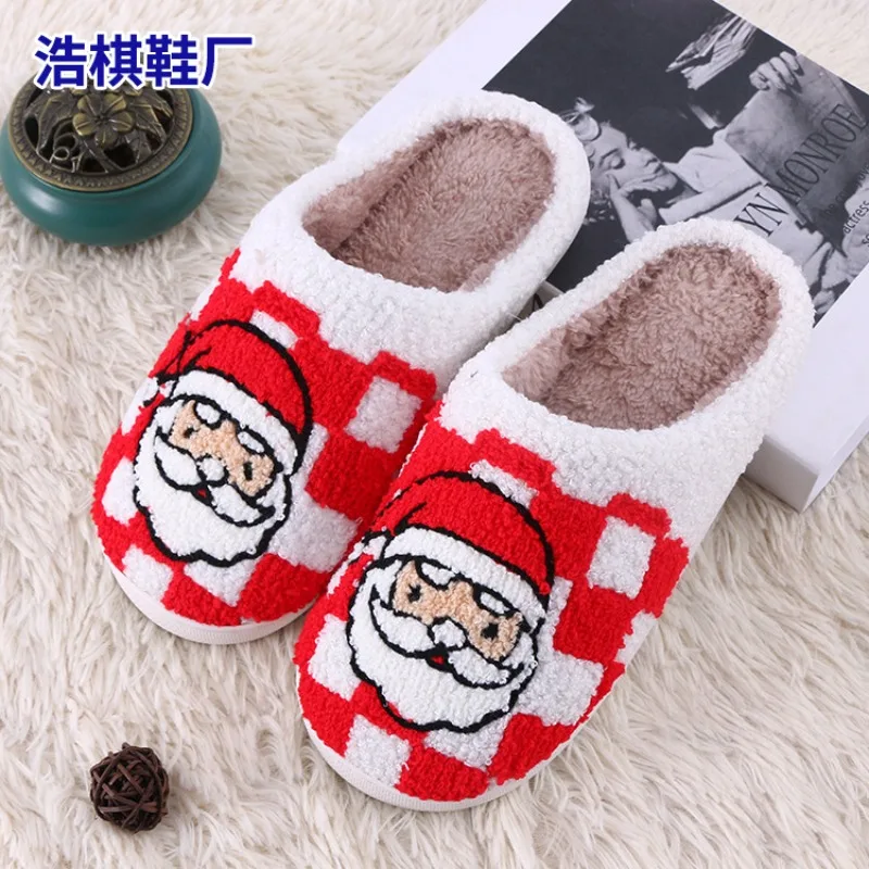 New Red Santa Claus Fluffy Plush Cotton Slippers, Xmas Holiday Party Thick Sole Warm Indoor Bedroom Shoes for Men Women Couple