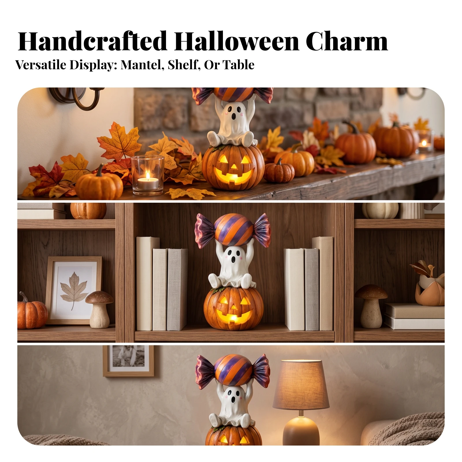 Ghost Figurine with Pumpkin Base Spooky Halloween Ghost Statue Jack-O'-Lantern Ornament Festive Halloween Decor Sculpted