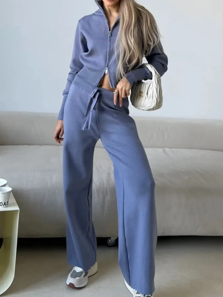 Moda feminina de manga comprida com zíper camisola cardigan calças esportivas de perna larga conjunto de duas peças outono e inverno conjuntos de calças casuais
