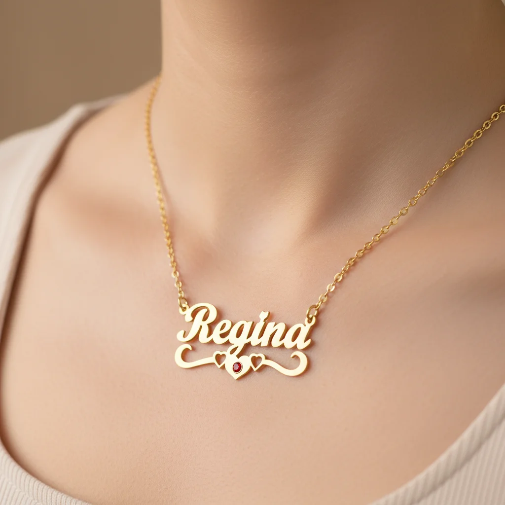 

Personalized Name Necklace with Red Stone Fashion Stainless Steel Gold Plated Women Letter BirthStone Pendant Chain Lover Gifts