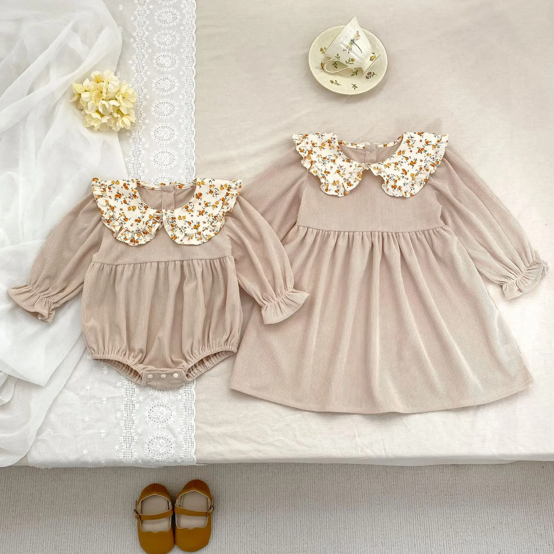 

Spring Autumn Toddler Girls Khaki Long Sleeve Floral Ruffled Collar Dress Infant Romper Sibling Outfits