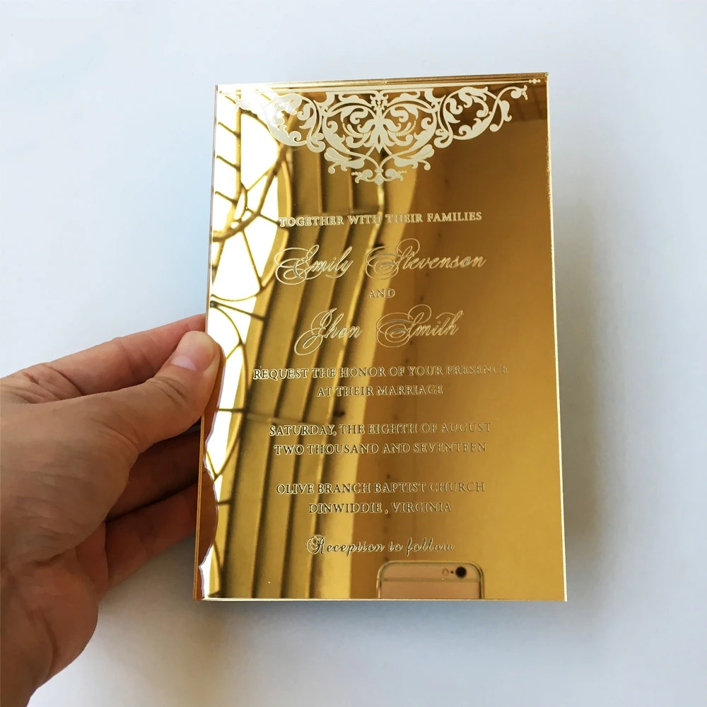 

Card Box Mirror Wedding Luxury Golden Mirror Acrylic With Box Wedding Card for Reception With Printing Your Own Design and Name