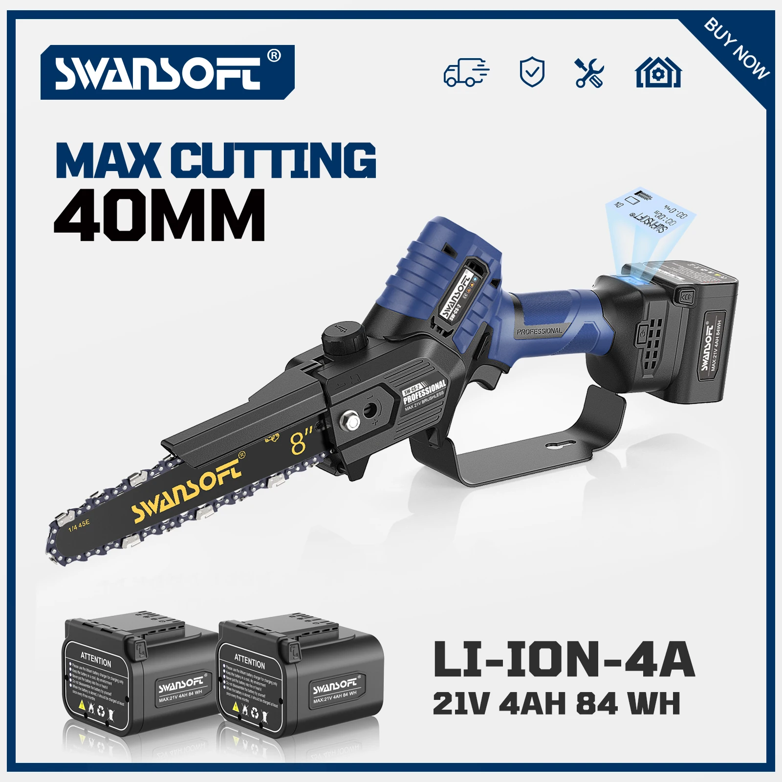SWANSOFT Professional Battery Chainsaw with LCD, 4AH Battery-2PCS, Steel Gear, 20cm Guide, orchards garden wood cutting
