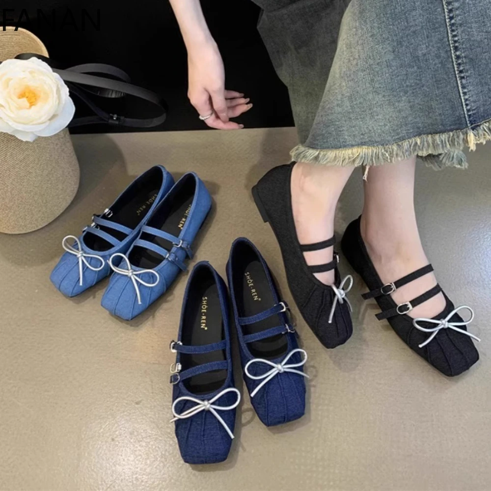 

Элегантные женские туфли Мэри Джейн с бантом, новинка 2023 года, джинсовые плиссированные туфли на плоской подошве для женщин, удобные повседневные туфли-лодочки на низком каблуке