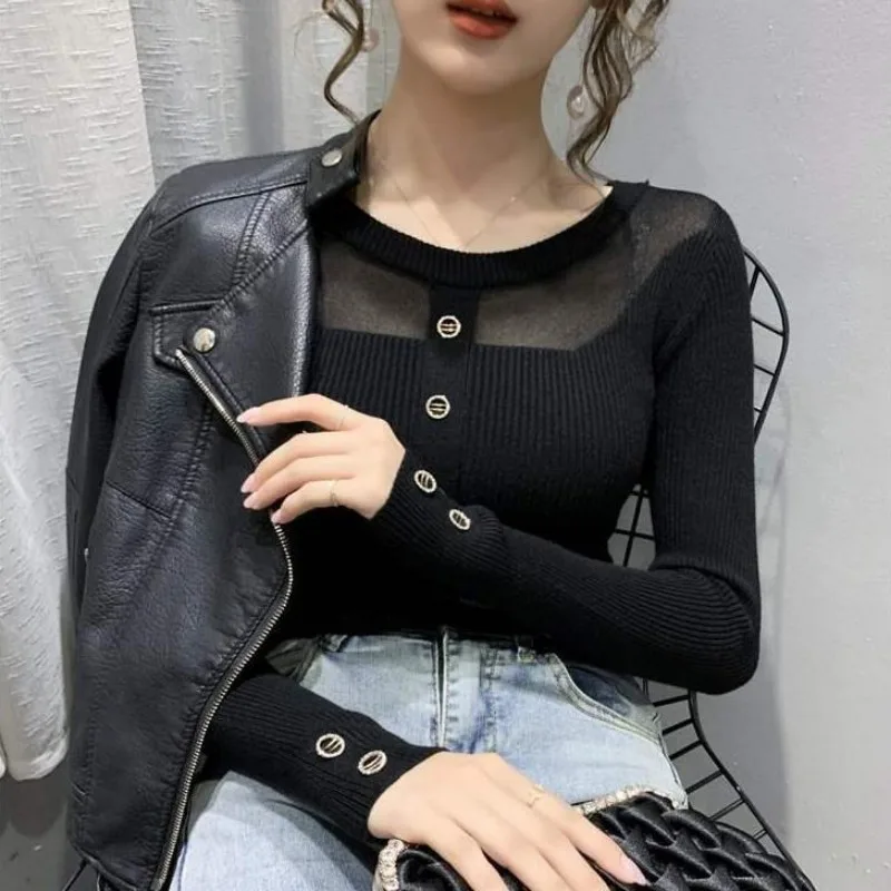 Korean Simplicity Commute Design Gauze Net Montage Button Solid Color Insert Graceful Lace Capable Women\'s Sweater Autumn 2024