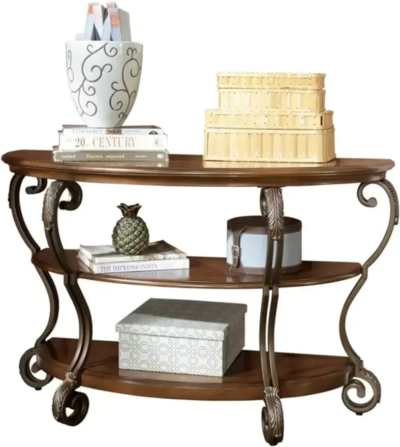 Ashley Nestor Traditional Hand-Finished Half Moon Sofa Table, 2 Fixed Shelves, Dark Brown, Signature Design