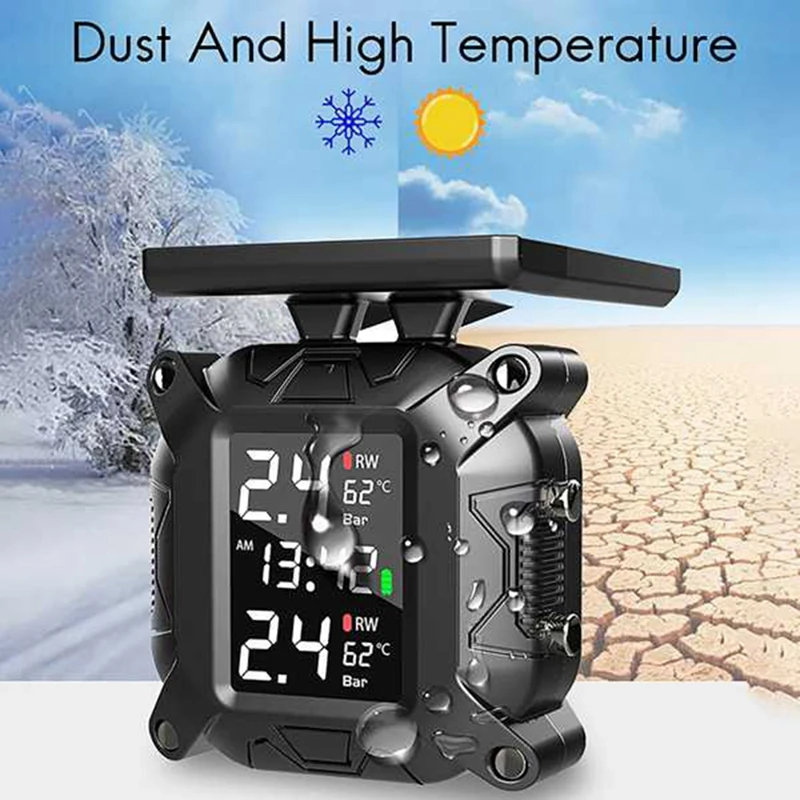 Wireless Motorcycle TPMS Tire Pressure Monitoring System Solar External Sensor Temperature Monitor Water Proof