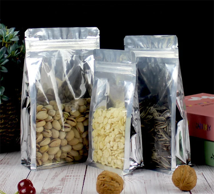 50PCS 3D Thick Clear Front + Foil Back Visiable Bags Resealable Snack Coffee Tea Nuts Dried Fruits Meat Gifts Packaging Pouches