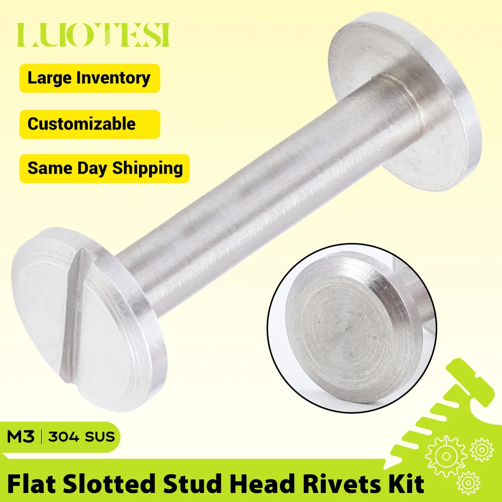 10sets Solid Flat Slotted Head Rivets Kit 304 Stainless Steel M3 Slotted Stud Head Luggage Leather Metal Craft Craft Nail Rivets