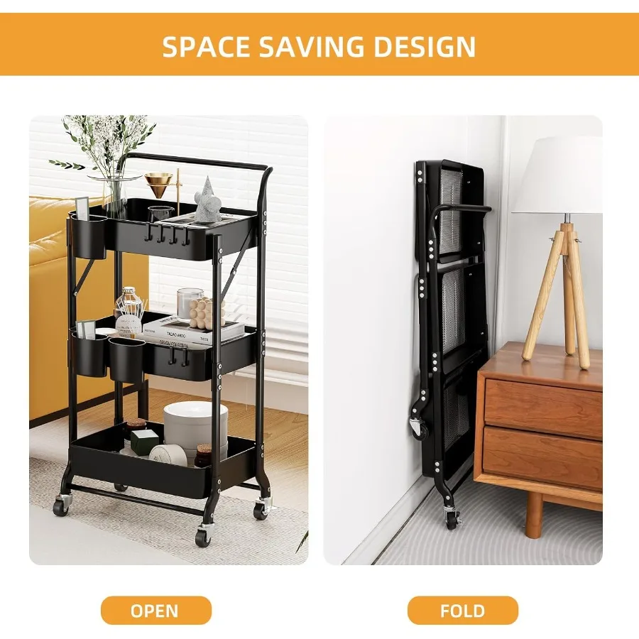 3 Tier Foldable Rolling Cart with Wheels for Kitchen Office Nursery Storage Organization Collapsible Utility Cart with 3 Hangin