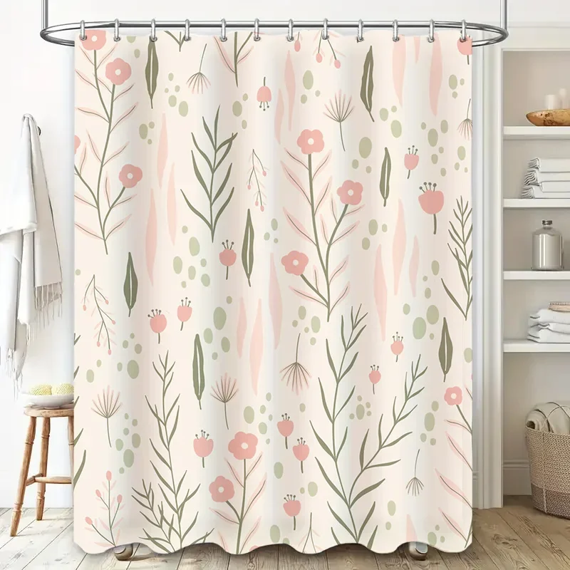 Eleganter Blumen-Duschvorhang Rosa-Grünes Muster für Badezimmer-Dekoration Moderne Heimdekoration Wasserdichter Stoff Shampoo-Gel-Aufbewahrung