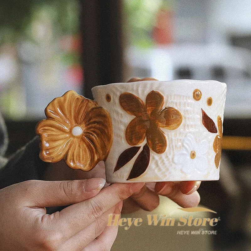 3D Relief Camellia Flower Ceramic Mug,Retro Handmade Hand Drawn Irregular Coffee Cup Christmas Present Water Cup