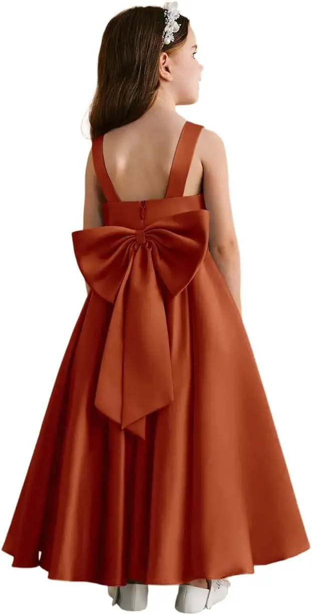 Sukienka dla dziewczynki sypiącej kwiaty, satynowa, elegancka, z odkrytymi plecami i kokardą, sukienka dla młodszej druhny na wesele, suknia balowa na przyjęcie urodzinowe dla dzieci, sukienka komunijna.