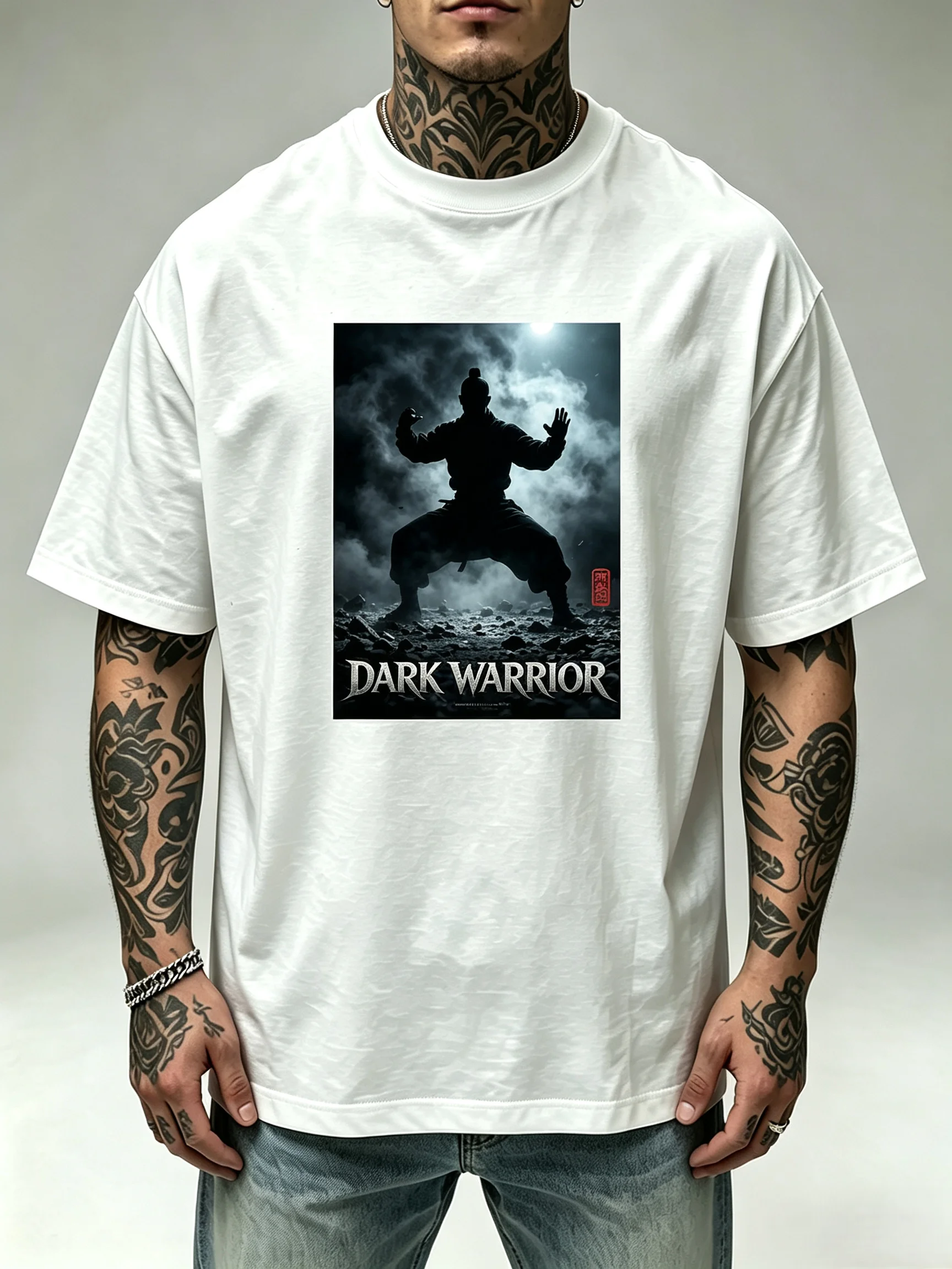 Unisex Dark Warrior Fog Kung Fu Monk Silhouette Poster T-Shirt Men Women Chinese Martial Arts Dark Aesthetic Oversized Short Sleeve Street Tops