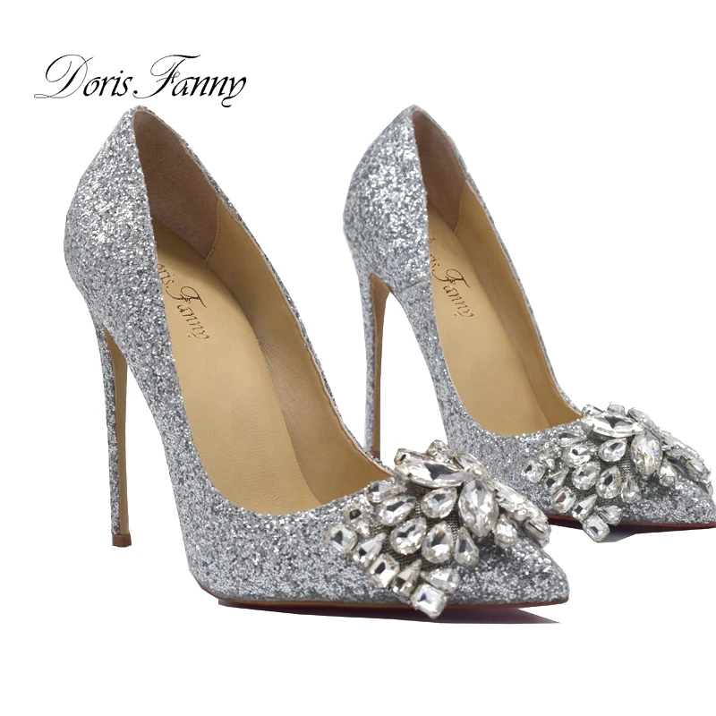 

Doris Fanny 12cm Thin Heels Women Pointed Toe Pumps Bling Sequined Leather Women Stiletto Wedding Princess Shoes Big Size 43 44