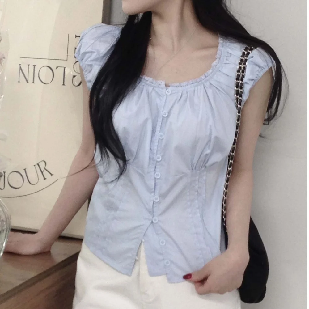 Coréen Sle Sweet Lace Single Button Femmes irt Polyvalent Summer Faion de Dongdaemun ort Sve rond Ne o...