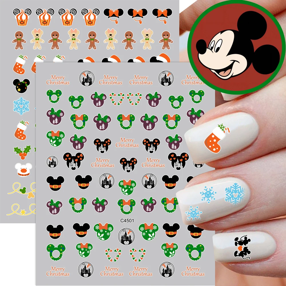 1 Uds. De pegatinas 3D para uñas de Mickey Mouse de Navidad, calcomanías bonitas para decoración de uñas de Minnie Mouse a cuadros verdes, deslizadores de manicura de Anime de dibujos animados Kawaii